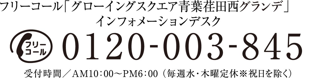 フリーコール「グローイングスクエア青葉荏田西グランデ」インフォメーションデスク　0120003845　受付時間／AM10：00〜PM6:00 （毎週水・木曜定休※祝日を除く）