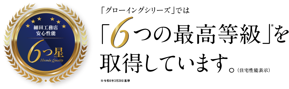 「グローイングスクエア」では6つの最高等級を取得しています。（住宅性能表示）