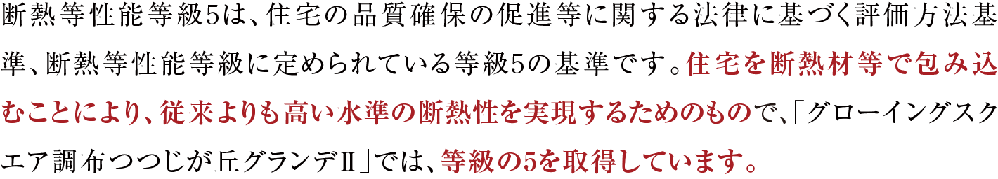 断熱等性能等級5は、住宅の品質確保の促進等に関する法律に基づく評価方法基準、断熱等性能等級に定められている等級5の基準です。住宅を断熱材等で包み込むことにより、従来よりも高い水準の断熱性を実現するためのもので、「グローイングスクエア調布つつじが丘グランデ」では、等級の5を取得しています。