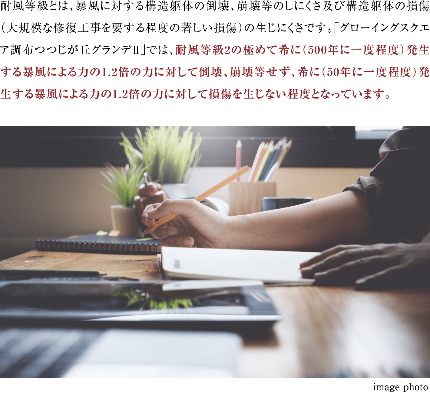 耐風等級とは、暴風に対する構造躯体の倒壊、崩壊等のしにくさ及び構造躯体の損傷（大規模な修復工事を要する程度の著しい損傷）の生じにくさです。「グローイングスクエア調布つつじが丘グランデ」では、耐風等級2の極めて希に（500年に一度程度）発生する暴風による力の1.2倍の力に対して倒壊、崩壊等せず、希に（50年に一度程度）発生する暴風による力の1.2倍の力に対して損傷を生じない程度となっています。