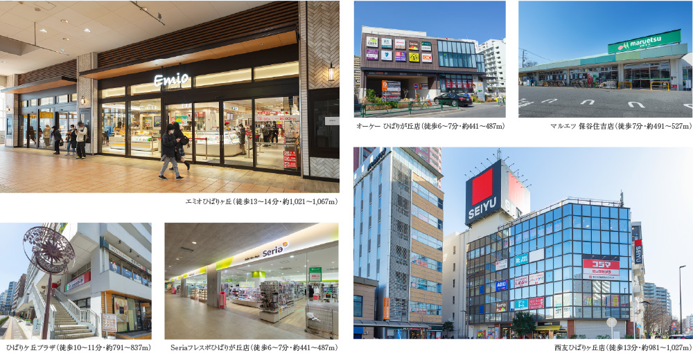 エミオひばりヶ丘（徒歩13〜14分・約1,021〜1,067m）ひばりケ丘プラザ（徒歩10〜11分・約791〜837m）Seriaフレスポひばりが丘店（徒歩6〜7分・約441〜487m）オーケー ひばりが丘店（徒歩6〜7分・約441〜487m）マルエツ 保谷住吉店（徒歩7分・約491〜527m）西友ひばりヶ丘店（徒歩13分・約981〜1,027m）