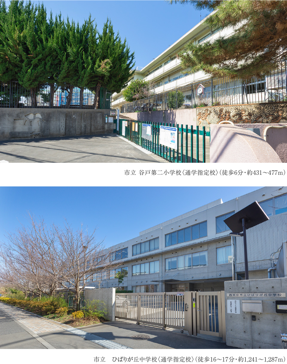 市立 谷戸第二小学校〈通学指定校〉（徒歩6分・約431〜477m） 市立　ひばりが丘中学校〈通学指定校〉（徒歩16〜17分・約1,241〜1,287m）