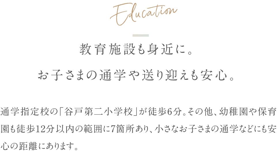Education 教育施設も身近に。お子さまの通学や送り迎えも安心。通学指定校の「谷戸第二小学校」が徒歩6分。その他、幼稚園や保育園も徒歩12分以内の範囲に7箇所あり、小さなお子さまの通学などにも安心の距離にあります。