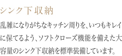 乱雑になりがちなキッチン周りを、いつもキレイに保てるよう、ソフトクローズ機能を備えた大容量のシンク下収納を標準装備しています。
