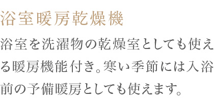 浴室を洗濯物の乾燥室としても使える暖房機能付き。寒い季節には入浴前の予備暖房としても使えます。