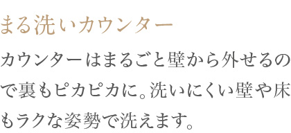 カウンターはまるごと壁から外せるので裏もピカピカに。洗いにくい壁や床もラクな姿勢で洗えます。