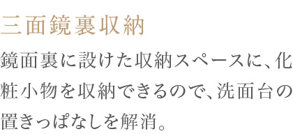 鏡面裏に設けた収納スペースに、化粧小物を収納できるので、洗面台の置きっぱなしを解消。