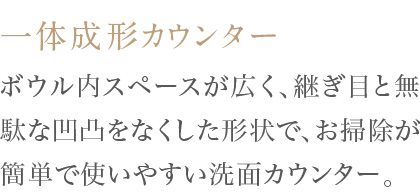 ボウル内スペースが広く、継ぎ目と無駄な凹凸をなくした形状で、お掃除が簡単で使いやすい洗面カウンター。