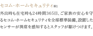 外出時も在宅時も24時間365日、ご家族の安心を守るセコム・ホームセキュリティを全邸標準装備。設置したセンサーが異常を感知するとスタッフが駆けつけます。