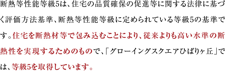 断熱等性能等級5は、住宅の品質確保の促進等に関する法律に基づく評価方法基準、断熱等性能等級に定められている等級5の基準です。住宅を断熱材等で包み込むことにより、従来よりも高い水準の断熱性を実現するためのもので、「グローイングスクエアひばりヶ丘」では、等級5を取得しています。
