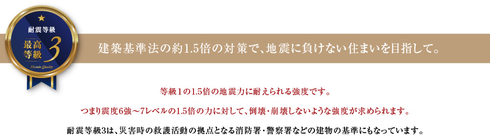 耐震等級3 建築基準法の約1.5倍の対策で、地震に負けない住まいを目指して。