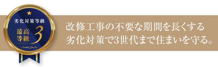 劣化対策等級3 改修工事の不要な期間を長くする劣化対策で3世代まで住まいを守る。