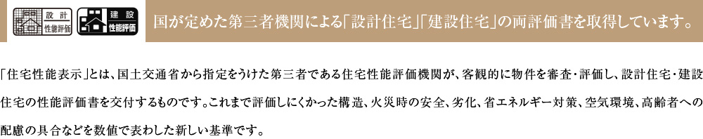 国が定めた第三者機関による「設計住宅」「建設住宅」の両評価書を取得しています。