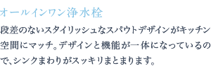 段差のないスタイリッシュなスパウトデザインがキッチン空間にマッチ。デザインと機能が一体になっているので、シンクまわりがスッキリまとまります。