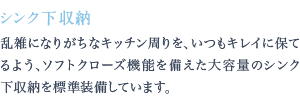 乱雑になりがちなキッチン周りを、いつもキレイに保てるよう、ソフトクローズ機能を備えた大容量のシンク下収納を標準装備しています。