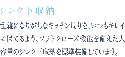 乱雑になりがちなキッチン周りを、いつもキレイに保てるよう、ソフトクローズ機能を備えた大容量のシンク下収納を標準装備しています。