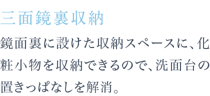 鏡面裏に設けた収納スペースに、化粧小物を収納できるので、洗面台の置きっぱなしを解消。