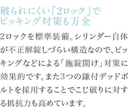 2ロックを標準装備。シリンダー自体が不正解錠しづらい構造なので、ピッキングなどによる「施錠開け」対策に効果的です。また3つの鎌付デッドボルトを採用することでこじ破りに対する抵抗力も高めています。