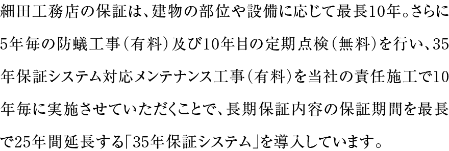 細田工務店の保証は、建物の部位や設備に応じて最長10年。さらに5年毎の防蟻工事（有料）及び10年目の定期点検（無料）を行い、35年保証システム対応メンテナンス工事（有料）を当社の責任施工で10年毎に実施させていただくことで、長期保証内容の保証期間を最長で25年間延長する「35年保証システム」を導入しています。