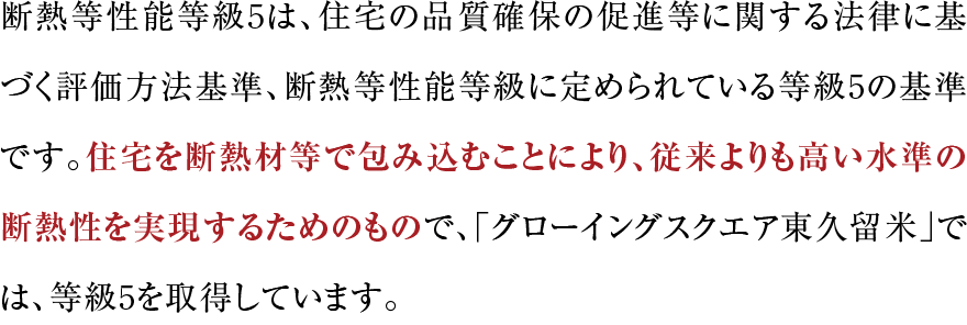 断熱等性能等級5は、住宅の品質確保の促進等に関する法律に基づく評価方法基準、断熱等性能等級に定められている等級5の基準です。住宅を断熱材等で包み込むことにより、従来よりも高い水準の断熱性を実現するためのもので、「グローイングスクエア横浜三ツ境ガーデンズ」では、等級5を取得しています。