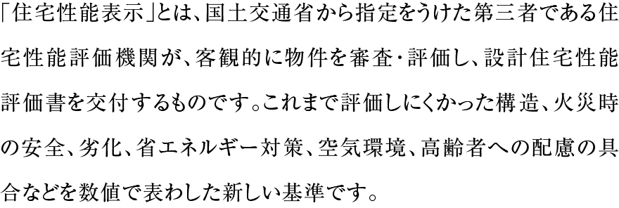 「住宅性能表示」とは、国土交通省から指定をうけた第三者である住宅性能評価機関が、客観的に物件を審査・評価し、設計住宅性能評価書を交付するものです。これまで評価しにくかった構造、火災時の安全、劣化、省エネルギー対策、空気環境、高齢者への配慮の具合などを数値で表わした新しい基準です。