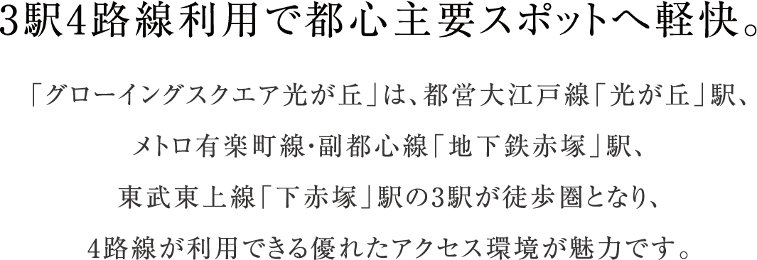 3駅4路線利用で都心主要スポットへ軽快。「グローイングスクエア光が丘」は、都営大江戸線「光が丘」駅、メトロ有楽町線・副都心線「地下鉄赤塚」駅、
					東武東上線「下赤塚」駅の3駅が徒歩圏となり、
					4路線が利用できる優れたアクセス環境が魅力です。