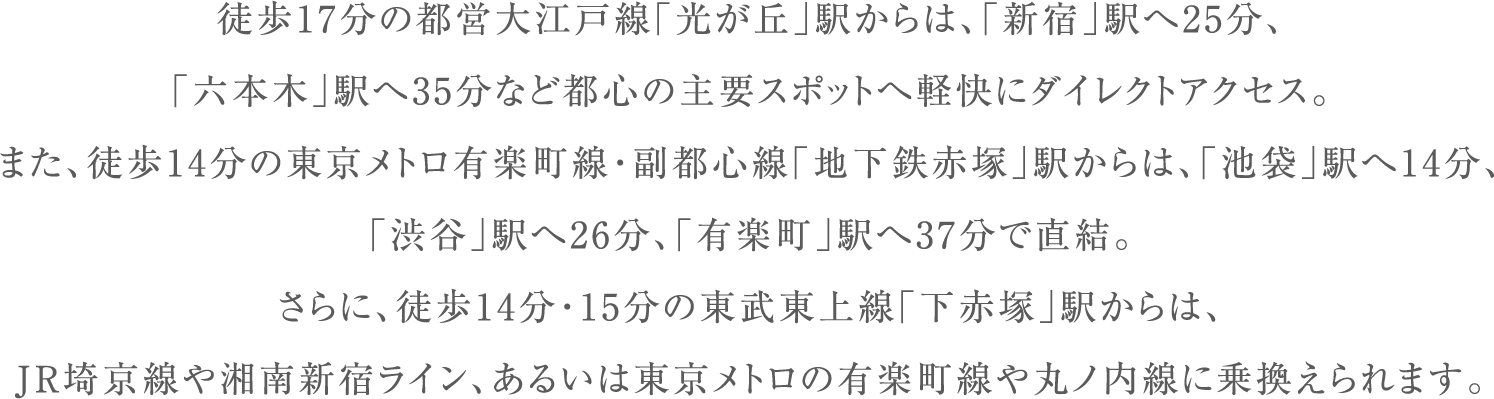 徒歩17分の都営大江戸線「光が丘」駅からは、「新宿」駅へ25分、
							「六本木」駅へ35分など都心の主要スポットへ軽快にダイレクトアクセス。
							また、徒歩14分の東京メトロ有楽町線・副都心線「地下鉄赤塚」駅からは、「池袋」駅へ14分、
							「渋谷」駅へ26分、「有楽町」駅へ37分で直結。
							さらに、徒歩14分・15分の東武東上線「下赤塚」駅からは、
							JR埼京線や湘南新宿ライン、あるいは東京メトロの有楽町線や丸ノ内線に乗換えられます。