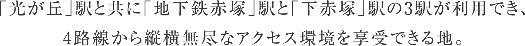 「光が丘」駅と共に「地下鉄赤塚」駅と「下赤塚」駅の3駅が利用でき、
							4路線から縦横無尽なアクセス環境を享受できる地。