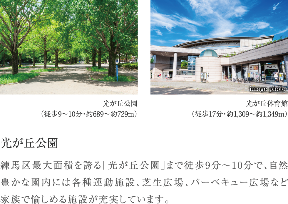 光が丘公園 練馬区最大面積を誇る「光が丘公園」まで徒歩9分〜10分で、自然豊かな園内には各種運動施設、芝生広場、バーベキュー広場など家族で愉しめる施設が充実しています。