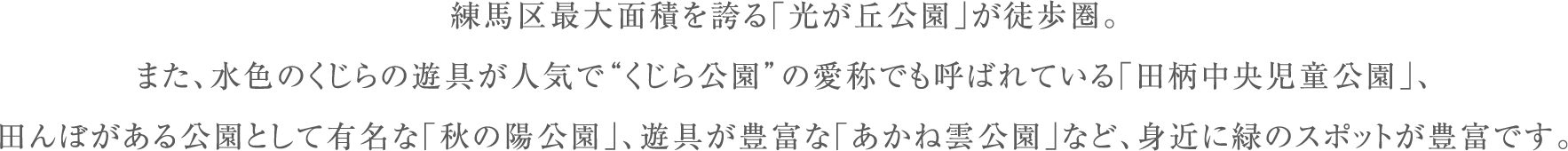 練馬区最大面積を誇る「光が丘公園」が徒歩圏。
                      また、水色のくじらの遊具が人気で“くじら公園”の愛称でも呼ばれている「田柄中央児童公園」、
                      田んぼがある公園として有名な「秋の陽公園」、遊具が豊富な「あかね雲公園」など、身近に緑のスポットが豊富です。