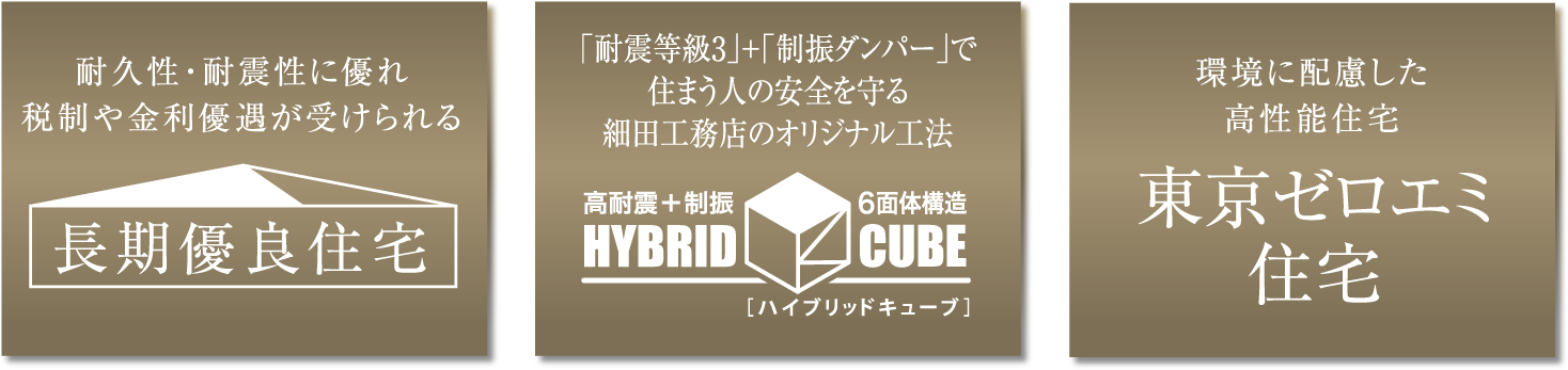 耐久性・耐震性に優れ税制や金利優遇が受けられる長期優良住宅　×　「耐震等級3」+「制振ダンパー」で住まう人の安全を守る細田工務店のオリジナル工法 × 東京都が推進する厳しい省エネ基準をクリア「東京ゼロエミ住宅」