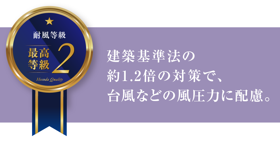 建築基準法の約1.2倍の対策で、台風などの風圧力に配慮。