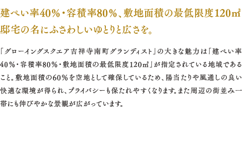 建ぺい率40％・容積率80％、敷地面積の最低限度120㎡邸宅の名にふさわしいゆとりと広さを。