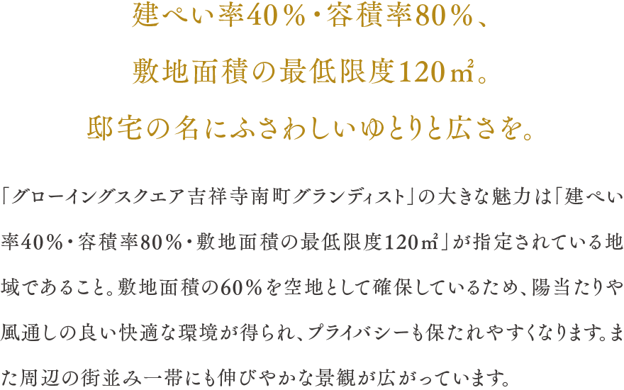 建ぺい率40％・容積率80％、敷地面積の最低限度120㎡邸宅の名にふさわしいゆとりと広さを。