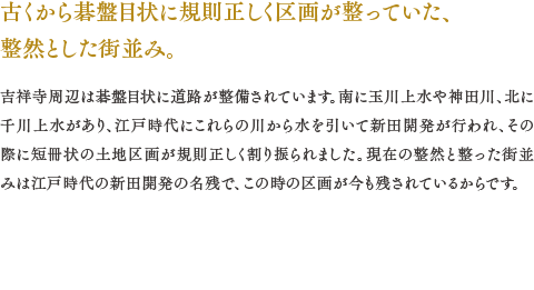 古くから碁盤目状に規則正しく区画が整っていた、整然とした街並み。