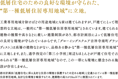 低層住宅のための良好な環境が守られた、“第一種低層住居専用地域”に立地。