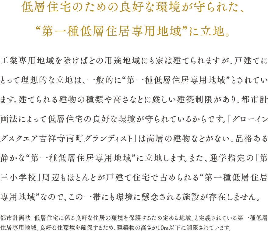 低層住宅のための良好な環境が守られた、“第一種低層住居専用地域”に立地。