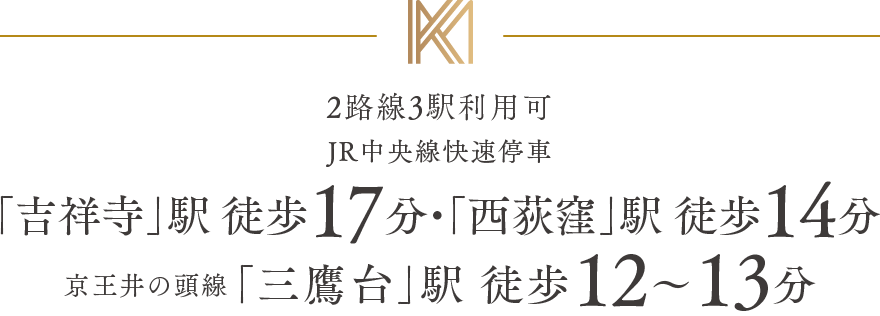 「吉祥寺」駅 徒歩17分 「西荻窪」駅 徒歩14分 京王井の頭線「三鷹台」駅 徒歩12〜13分