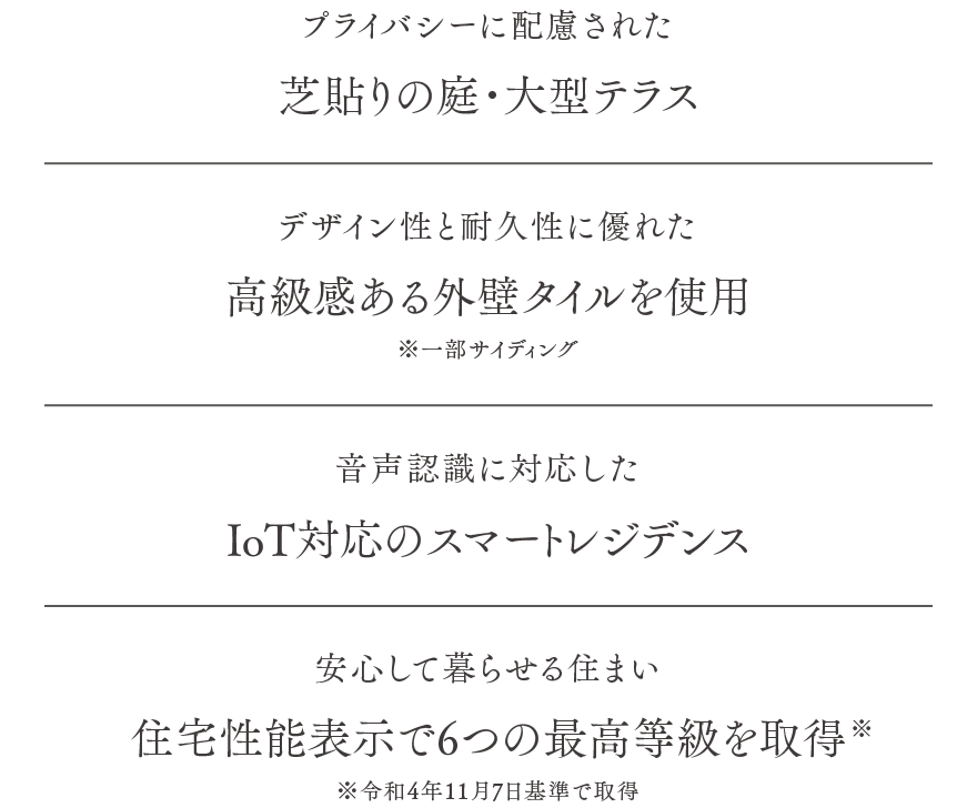 芝貼りの庭・大型テラス 高級感ある外壁タイルを使用 IoT対応のスマートレジデンス 住宅性能表示で6つの最高等級を取得