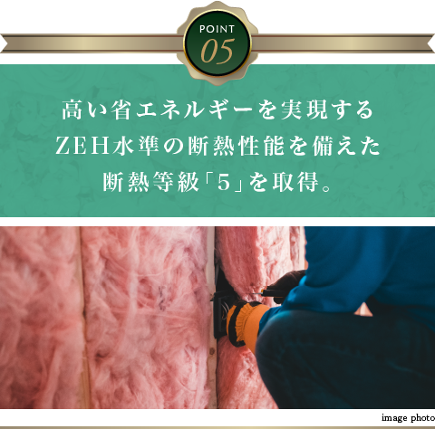 高い省エネルギーを実現するZEH水準の断熱性能を備えた断熱等級「5」を取得。