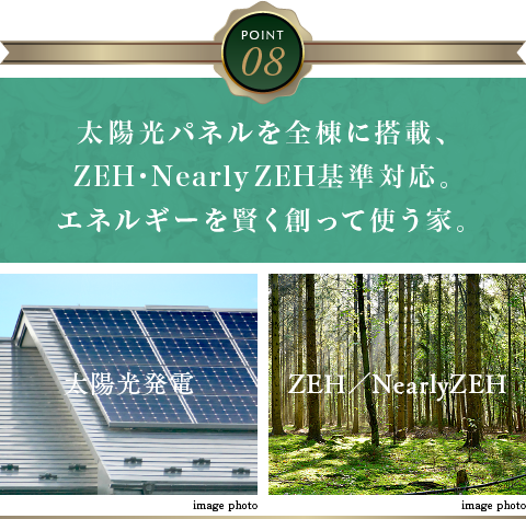 太陽光パネルを全棟に搭載、ZEH・Nearly ZEH基準対応。エネルギーを賢く創って使う家。