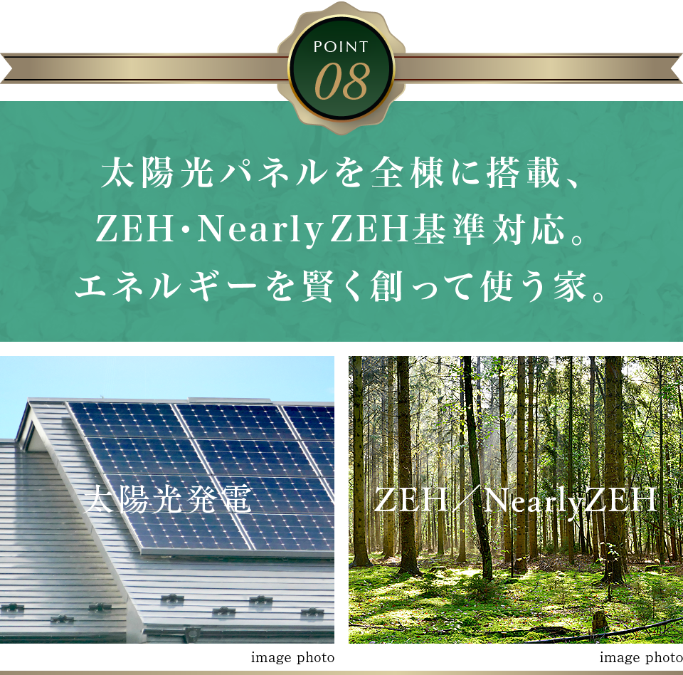 太陽光パネルを全棟に搭載、ZEH・Nearly ZEH基準対応。エネルギーを賢く創って使う家。