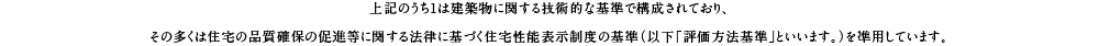 上記のうち1は建築物に関する技術的な基準で構成されており、その多くは住宅の品質確保の促進等に関する法律に基づく住宅性能表示制度の基準（以下「評価方法基準」といいます。）を準用しています。