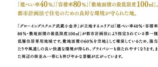 「建ぺい率40％」「容積率80％」「敷地面積の最低限度100㎡」。都市計画法で住宅のための良好な環境が守られた地。