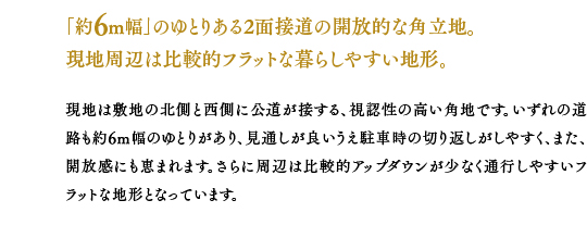 「約6m幅」のゆとりある2面接道の開放的な角立地。現地周辺は比較的フラットな暮らしやすい地形。