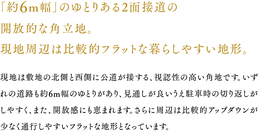 「約6m幅」のゆとりある2面接道の開放的な角立地。現地周辺は比較的フラットな暮らしやすい地形。