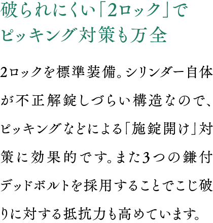 破られにくい「2ロック」でピッキング対策も万全