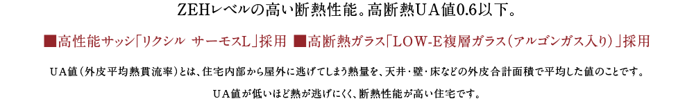 ZEHレベルの高い断熱性能。高断熱UA値0.6以下。