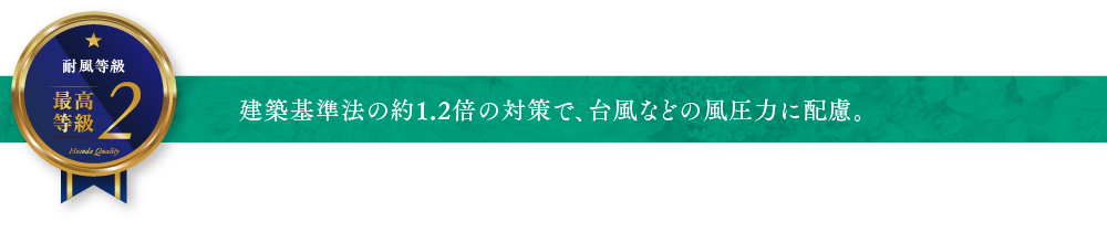 建築基準法の約1.2倍の対策で、台風などの風圧力に配慮。