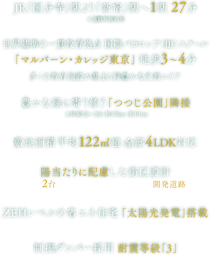 JR「国分寺」駅より「新宿」駅へ1駅 27分※通勤特快利用 世界基準の一貫教育拠点 国際バカロレア（IB）スクール「マルバーン・カレッジ東京」 徒歩3〜4分 多くの教育施設が集まる緑豊かな文教エリア 豊かな緑に寄り添う「つつじ公園」隣接 ※徒歩2分〜3分・約105m〜約191m 敷地面積 平均122㎡超・全邸4LDK対応 陽当たりに配慮した街区設計 駐車2台可能※一部区画除く ／ ゆとりある開発道路 ZEHレベルの省エネ住宅「太陽光発電」搭載 制振ダンパー採用 耐震等級「3」